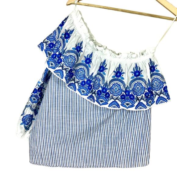 Parker 1 Shoulder Embroidered Ruffle Striped Cotton Top Size Small - Picture 2 of 7